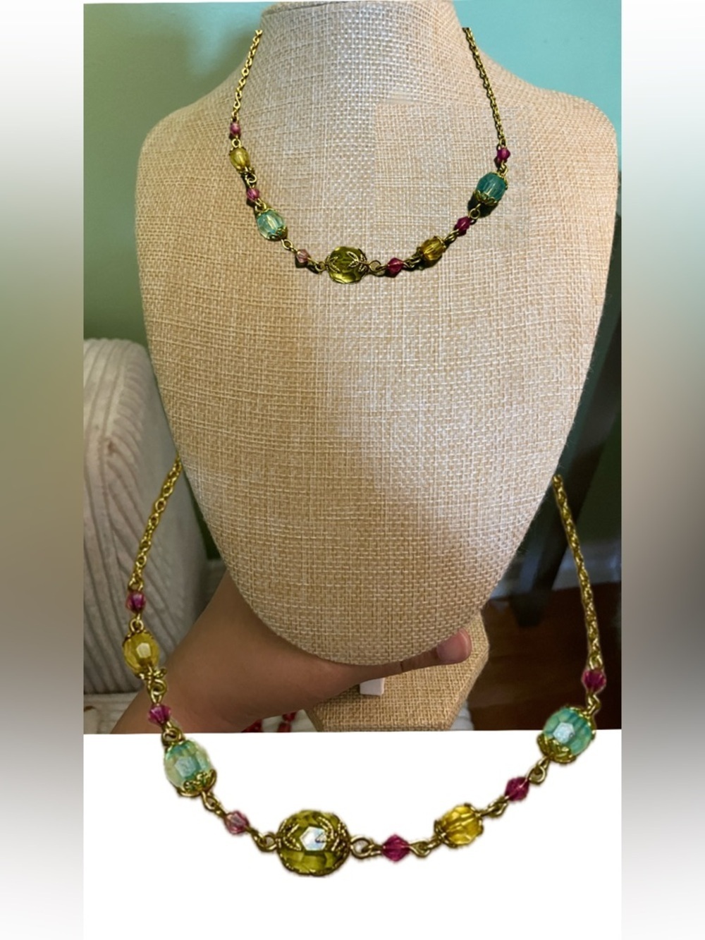 Stunning Gold Necklace with Green and Pink Glass Beads